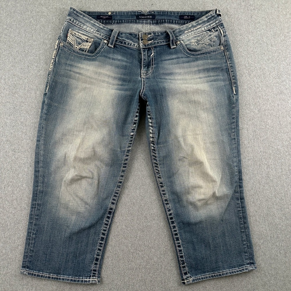 Vigoss Capri Jeans Women 16 Blue The Chelsea Capri Embellished Distressed Denim